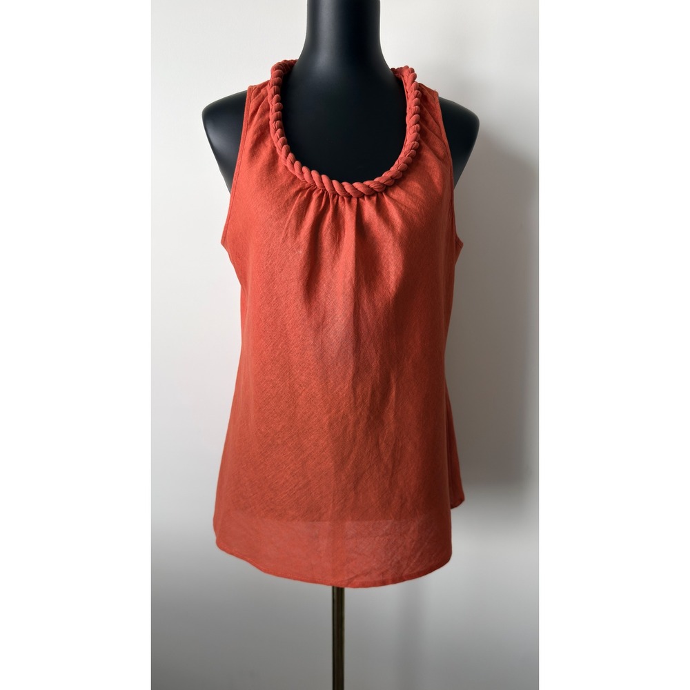 Susan Bristol Burnt Orange Linen Blend Braided Neckline Sleeveless Top Large